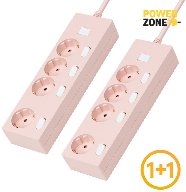1+1 웨이브 멀티탭 개별 절전 스위치 4구 멀티콘센트 전기코드 50cm 1.5m 3m 5m 7m, 개별스위치 파스텔핑크, 2개