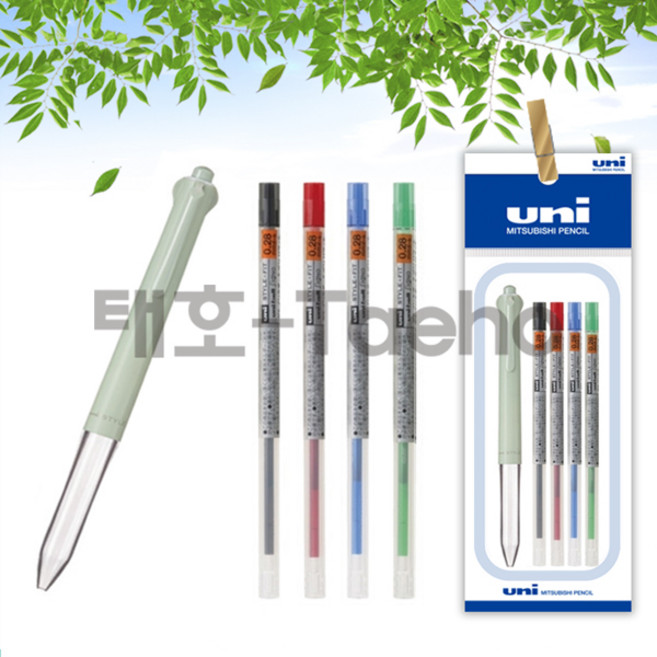 유니 스타일핏트 4색 홀더 + 0.28mm 리필 세트, 1세트, 4색홀더 그린+0.28 리필 블랙+블루+레드+그린