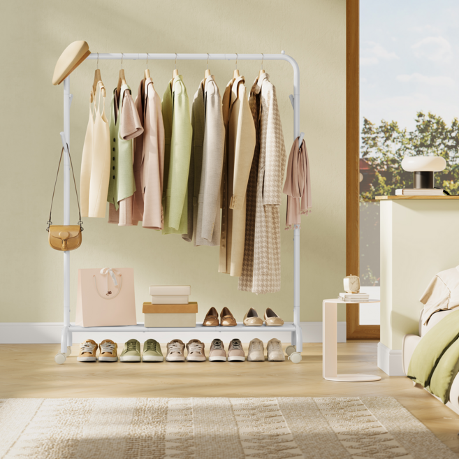 SONGMICS 튼튼한 다기능 수납 스탠드 이동식 철제 행거, 화이트