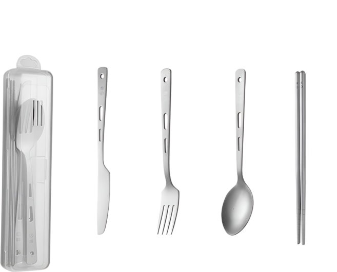 쿠코아 캠핑용 휴대 간편 경량 프리미엄 티타늄 나이프 포크 수저 젓가락 식기세트, 1세트, 나이프+포크+숟가락+젓가락, 실버