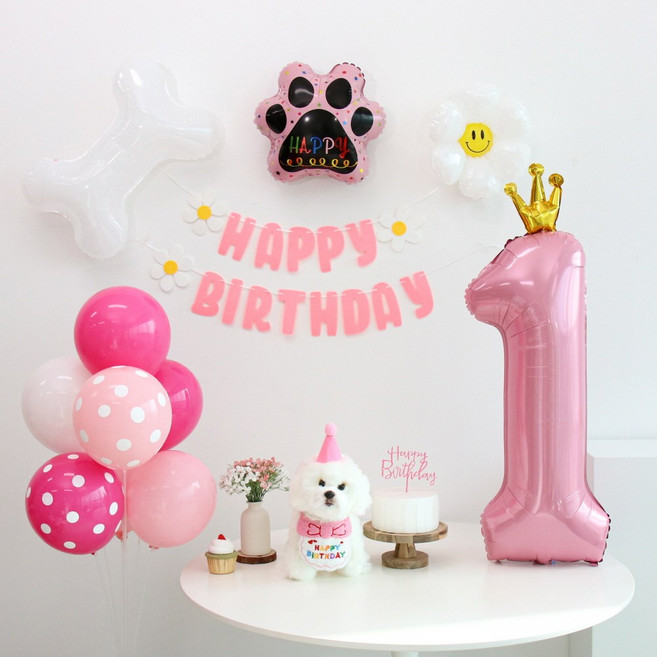 이벤트홀릭 강아지 고양이 생일파티용품세트 턱받이 고깔 숫자, 1, 1개, 핑크