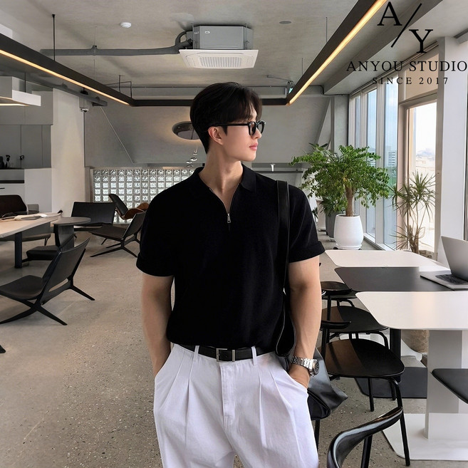 ANYOU 남성 카라넥 티셔츠 여름 패션 집업 반팔 니트 루즈핏 빅사이즈 캐주얼 상의