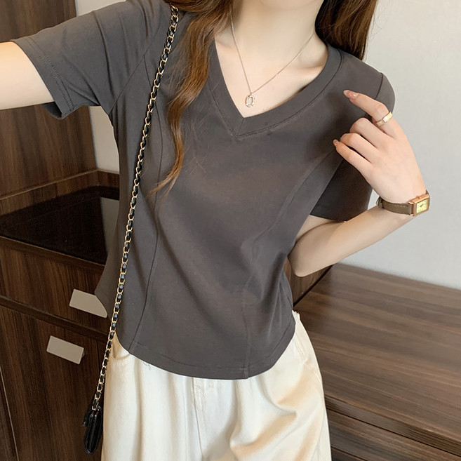 夏裝新款胖mm大碼女時尚顯瘦純色修身魚骨v領正肩短袖T恤