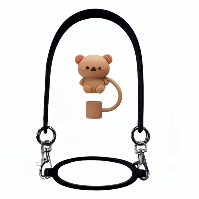 텀블러 스탠리 스타벅스 호환 실리콘 손잡이 스트랩 홀더 귀여운 동물 빨대마개, 1개, 블랙