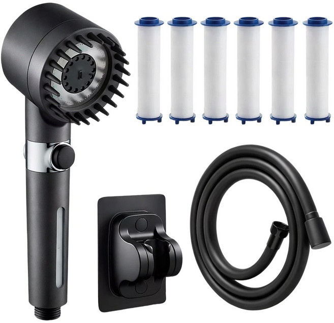 루메이크 강한 분사 샤워기헤드 + 샤워호스 1.5m + 필터 6p + 거치대, 블랙, 1세트