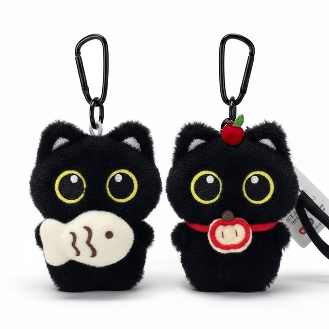 GRNM 블랙캣 인형 키링 2종 세트/ 남녀공용 커플 우정템 선물용 키홀더, 1세트, 사과냥&생선냥