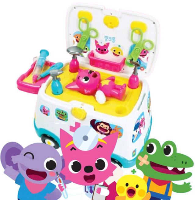 핑크퐁 구급차 병원놀이 장난감 청진기 구급함 주사기, 혼합색, 1개