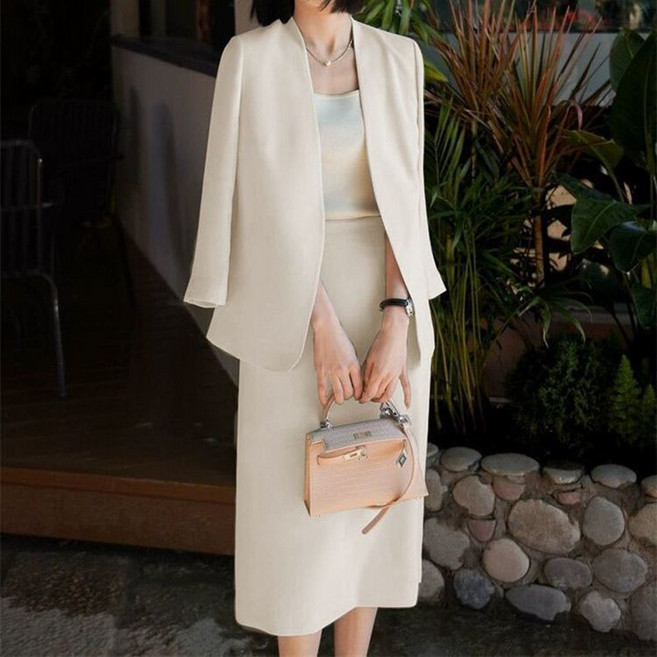 여성 봄여름 하객룩 수트 셋업 가벼운 노카라 자켓 롱스커트 투피스 정장
