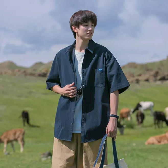 BIKASU 남자 여름 베이직 오버핏 반팔 셔츠 무지 캐쥬얼 반팔남방 남방