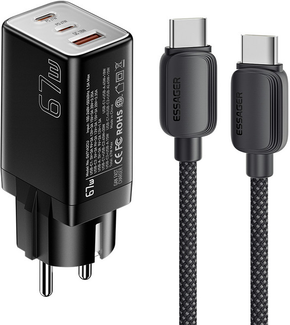 Essager GaN PPS PD3.0 67W c타입 접지형 고속 충전기 + C to C타입 케이블 세트, 블랙+케이블, 1세트