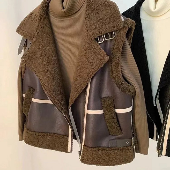 여성 무스탕 베스트 캐주얼 가을 겨울 퍼 일체형 조끼 베스트 루즈핏 도톰 민소매 코트 기질 여자 라이더복 베스트 ZZL