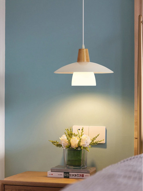 北歐風 飛碟餐廳吊燈 簡約現代餐桌燈 玻璃調光LED燈, 300mm單頭木藝款-需磨砂款聯繫客服:白光