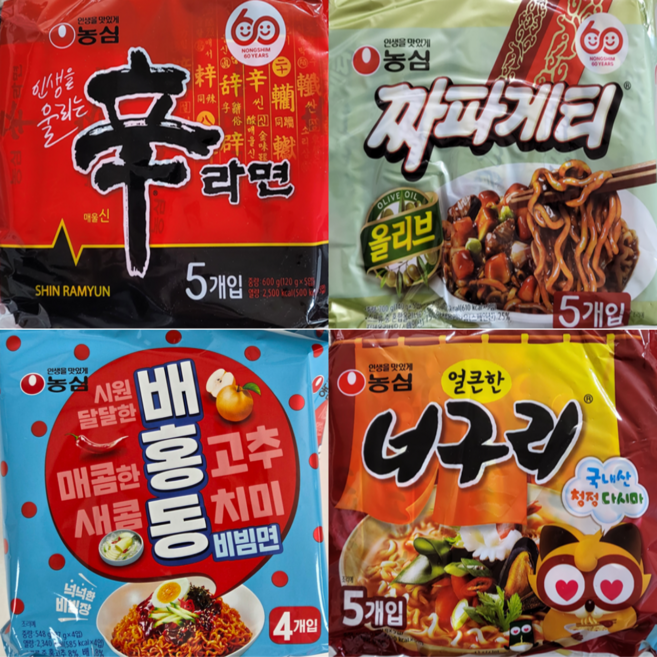농심 신라면 멀티 1봉(5개)+너구리 매운맛1봉(5개)+배홍동 비빔면1봉(4개)+짜파게티 1봉(5개)/봉지라면 묶음, 1세트