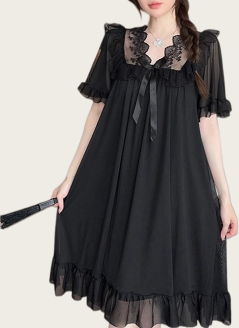 Makone 여성 브이넥 레이스 트리밍 셔링 반팔 잠옷 원피스 트랜드 프렌치 루즈핏 엘레강스 시스루 밑단 플레어 프릴패치 홈웨어