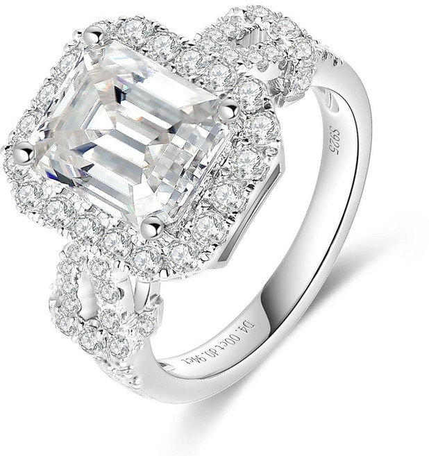 여성용 아모레넬 모이사나이트 약혼반지 에메랄드 컷 D 컬러 VVS1 반지 S925 스털링 실버 도금 18K 화이트 골드 프로미스 웨딩