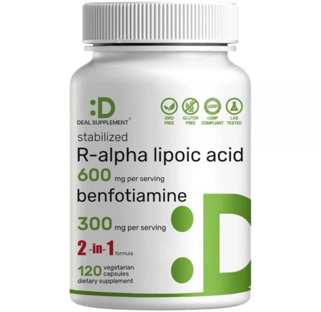 DEAL SUPPLEMENT R 알파 리포산 600mg 벤포티아민 함유 300mg 식물성 캡슐 120개 - 캡슐 당 R-ALA 200mg - 에너지 및 신경계 지원을 위한, 1개 - 쿠팡