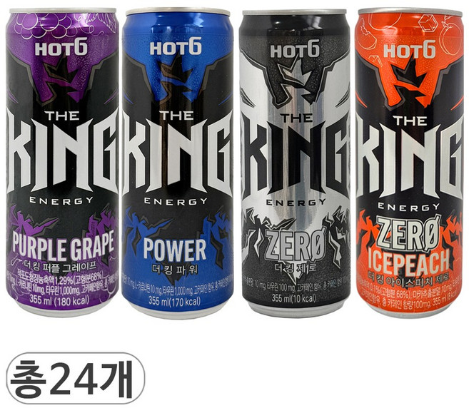 핫식스 더킹 퍼플그레이프 & 파워 & 제로 & 아이스피치 제로 4가지맛 혼합 에너지드링크, 24개입, 355ml