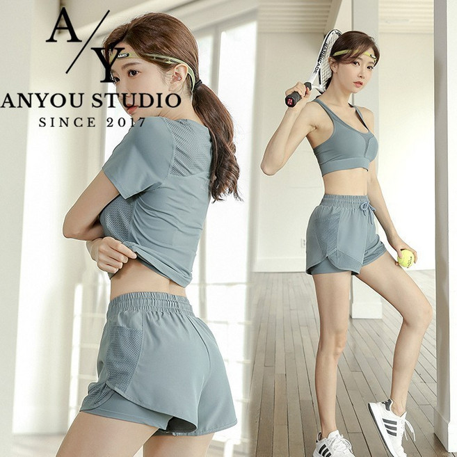 ANYOU 여성 요가 상 하 쓰리피스 슈트세트 요가 레깅스 헬스 조깅 필라테스 운동복 등산바지