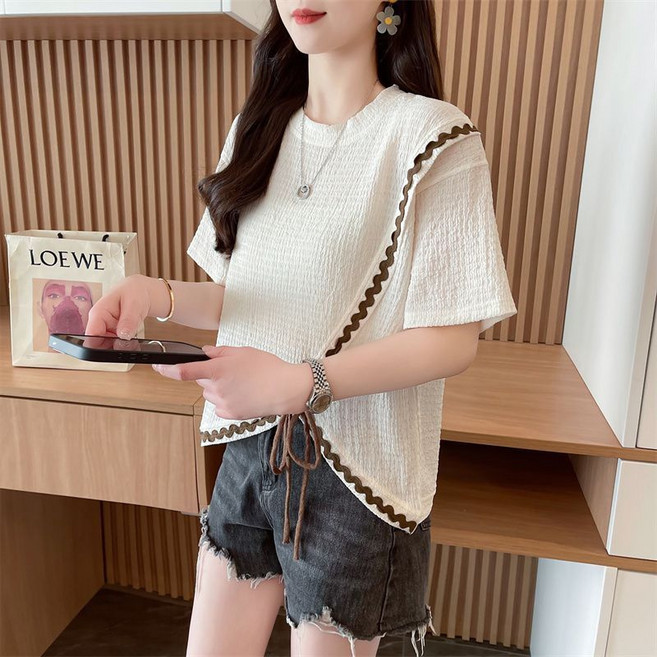 AOKADA 여성 언발 올록볼록 라운드 루즈핏 발팔 티셔츠 사선 스트링 블라우스