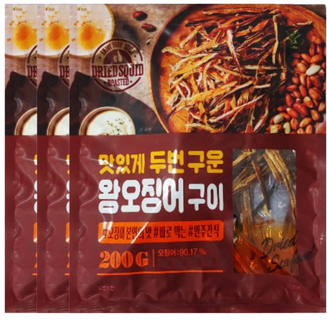정화식품 맛있게 두번 구운 왕오징어구이, 200g, 3개