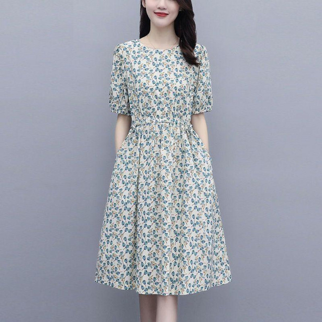純棉碎花收腰連衣裙, 蘭花,XL 125-140