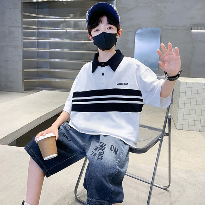 비비키드 남아 여름 레터링 배색 카라티 상하복 주니어 세트 초중생 반팔티 초등생 데님 반바지 세트 (6802)