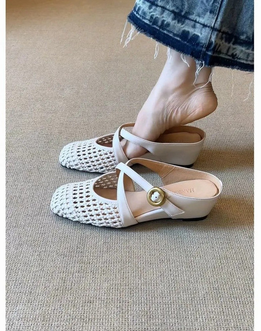 뜨개 펀칭 메리제인플랫 5cm 스트랩 블로퍼 샌들 봄여름 발편한 슬리퍼