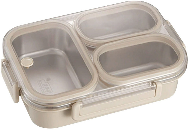 雙層分隔便當盒 獨立密封防漏, 【米白3格】304不鏽鋼可微波, 1個