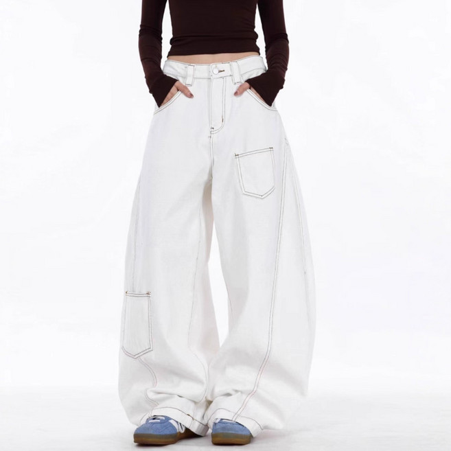 쁘띠꼬모 여성 하이웨이스트 와이드 오버핏 카고 포켓 청바지 QXT5110738