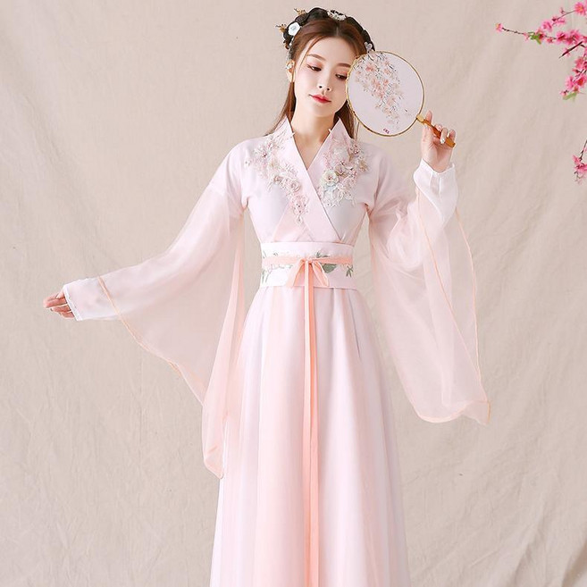 漢服女襦裙仙女粉色清新淡雅仙氣古風大廣袖古裝演出服裝秋季 副廠商品