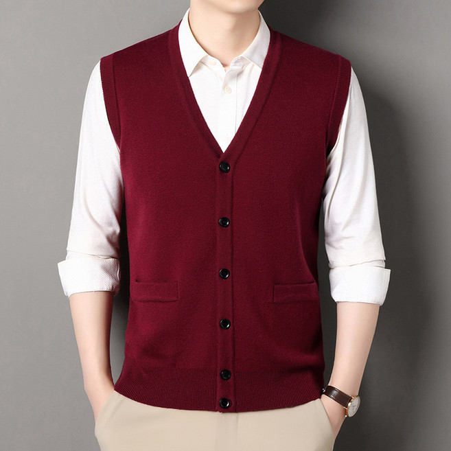 Makone 남성 가을 겨울 울 혼방 브이넥 민소매 니트 가디건 조끼