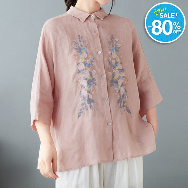 퀸앤조이 찬란한 꽃자수 린넨 반팔 셔츠***판매자 SSK무역***