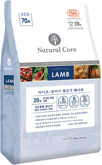 네츄럴코어 에코70 유기농 70% 양고기 연어 S입자 (작은알), 1개, 7kg, 양