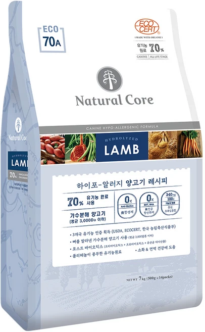 네츄럴코어 에코70 유기농 70% 양고기 연어 S입자 (작은알), 1개, 7kg, 양 - 쿠팡