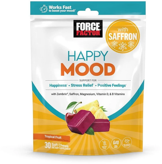 Force Factor 포스팩터 행복 긍정 및 스트레스를 하는 해피 무드 기분 균형 보충제 마그네슘 사프란 젬브린 GMO 프리 열대 과일 맛 부드러운 껌 30개, 1개 - 쿠팡