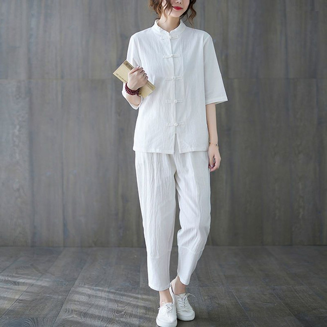 ORZQU 여름 여성 면 마 생활한복 세트 편안한 리넨 반팔셔츠+9부바지 투피스 세트 개량한복