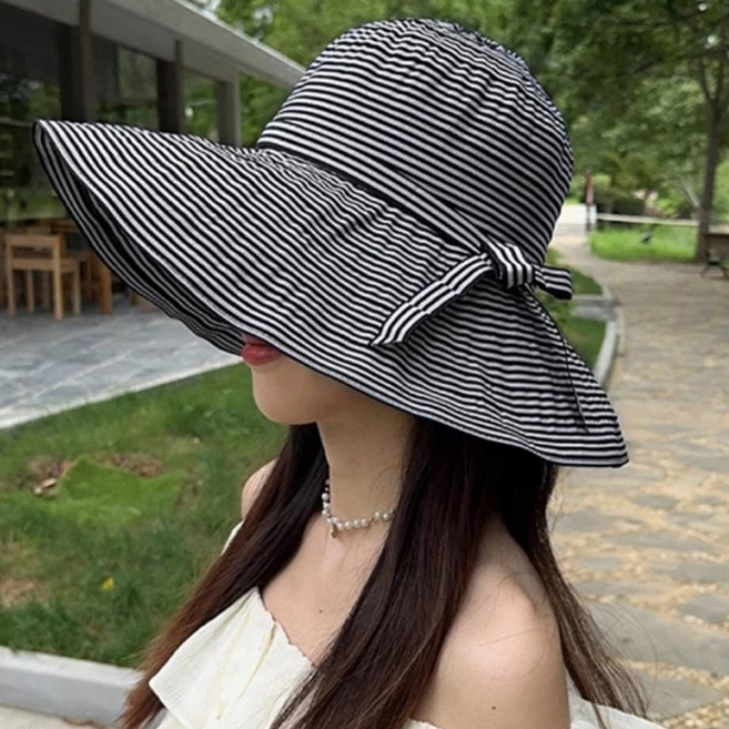 여름모자 챙넓은모자 리본줄무늬 여자 버킷햇 휴양지 바캉스 비치 여행 JUN팩토리, 블랙