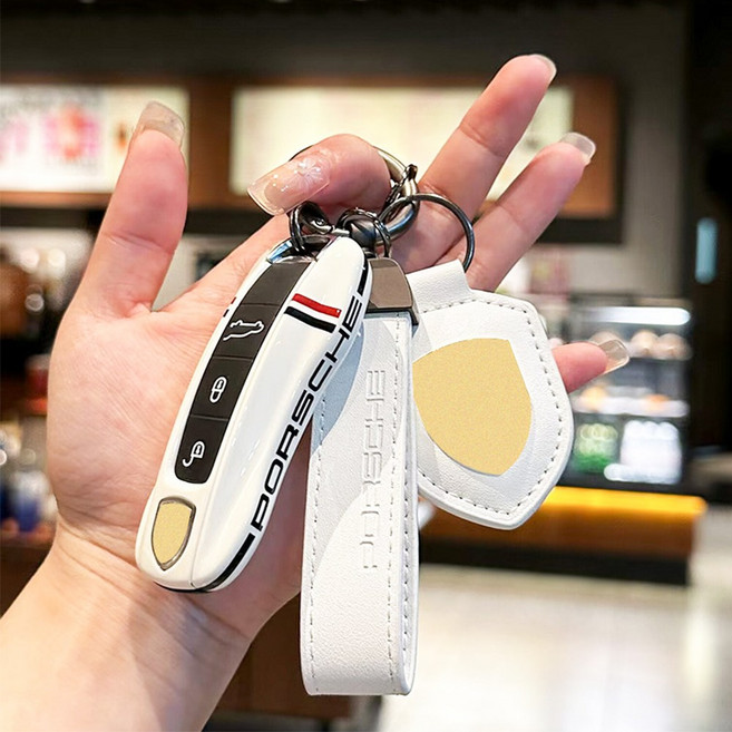 포르쉐 차 키케이스 키링 엠블럼 스트랩 세트, 신형포르쉐 키케이스+방패키링+스트랩, 밀크화이트