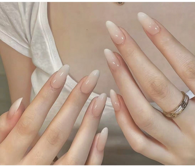 밀크빛 실크 누드 화이트 그라데이션 아몬드 네일팁 붙인는 젤네일팁 웨딩 드레스, 2개, T-139