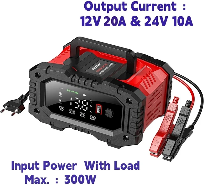 FOXSUR 12V 24V 자동차 배터리 충전기 전동 수리용 트럭 납산 AGM LiFePo4 EFB GEL WET 유지관리기, 02 EU PLUG  24V 20A