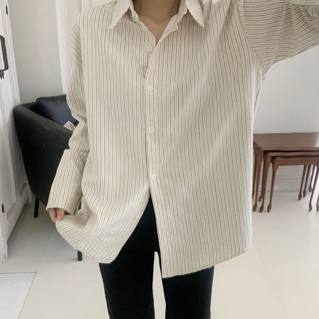 애플망고옷장 오버핏 긴팔 한라 2110 줄지 여성 남방 스트라이프 기본 이너 루즈핏가을남방
