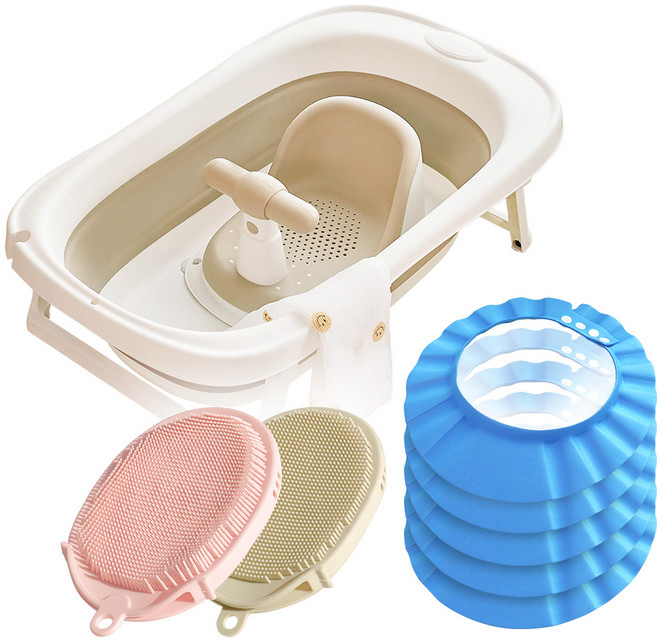 리틀클라우드 아기 욕조 목욕 용품 세트, 접이식+의자+블루 샴푸캡5P+샤워타올2P