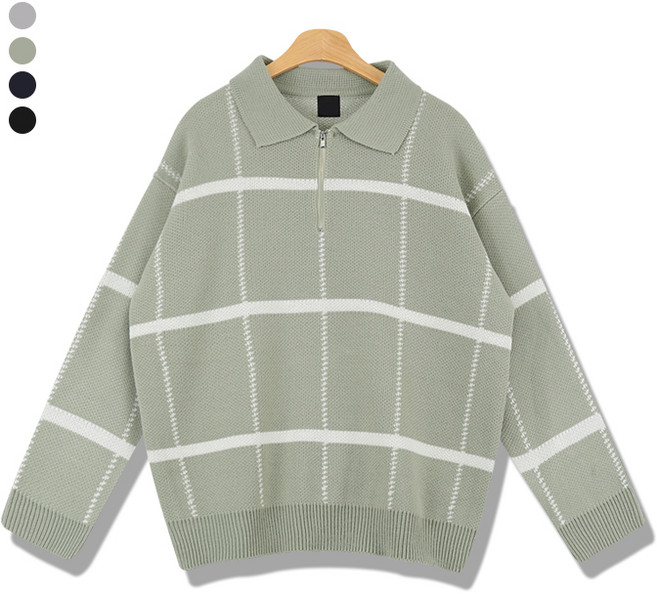 오마보이 남성용 자가드 체크 카라 반집업 니트