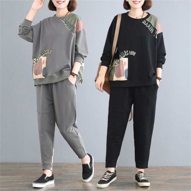 TKX 투피스 트레이닝복 중년여성 가을 겨울 캐주얼 세트 심플한 디자인 편안한 패션 K37