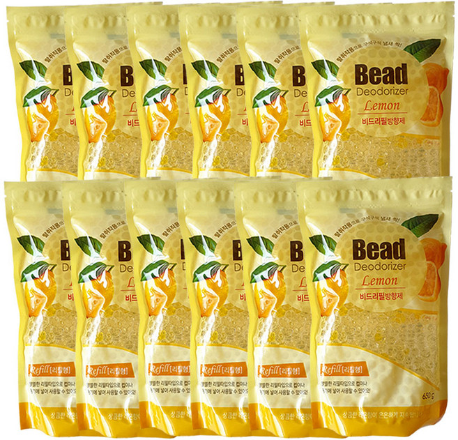 리필용 비드 방향제 650g 리필팩 5가지향기 대용량 비드방향제 향기품은 비즈가 실내 향기를 바꿈니다 용기에 나눠 사용하세요 12개1세트 넉넉한 구성, 12개, 레몬
