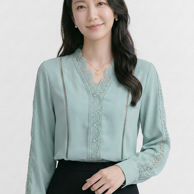 나바바 NB3077 여성 세련미 레이스 포인트 긴팔 블라우스