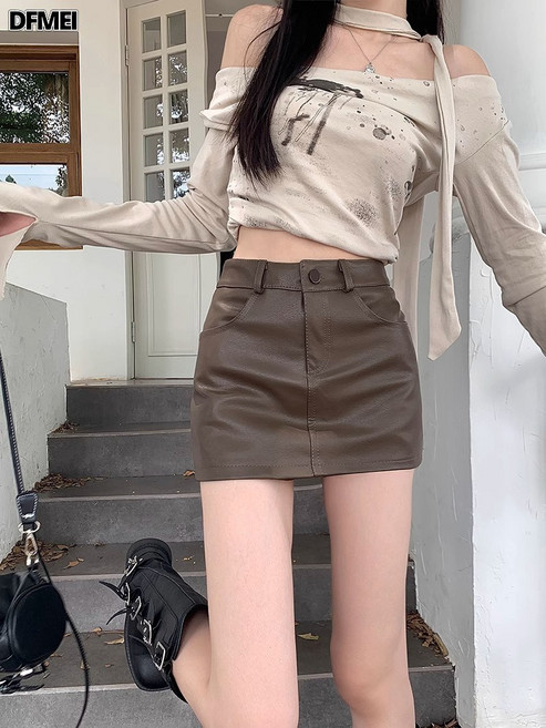 QRU 黑色pu皮裙高腰半身裙女2025春秋季小個子a字內襯短裙褲包臀