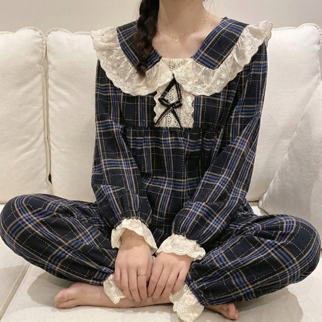 이너퀸 프리수 여성용 체크 레이스 빅카라 긴팔 긴바지 간절기 잠옷 홈웨어 파자마 이지웨어 세트 긴팔뉴엠버세트