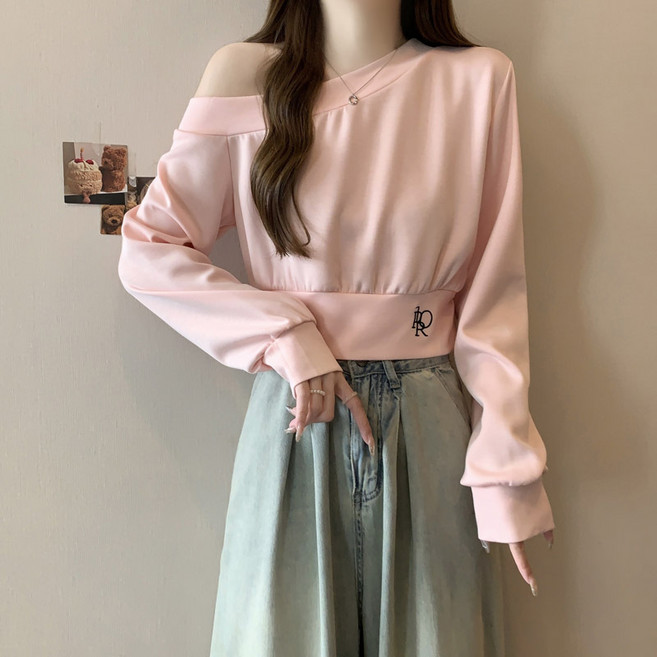 더플로우커머스 비대칭 사선넥 오프숄더 슬림핏 맨투맨