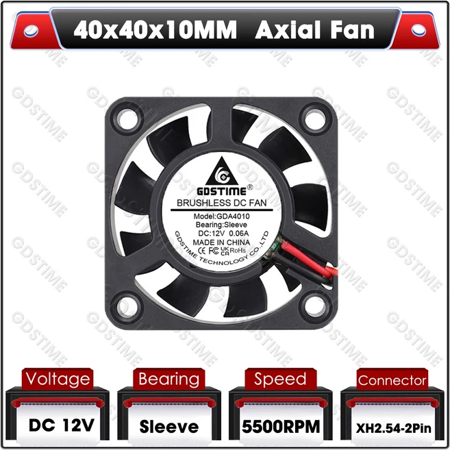 GDSTIME 40mm 24V 팬 USB 5V 라디얼 프로세서 쿨러 듀얼 볼 3D 프린터 냉각 미니 배기, 07 12V S 2P2.54 9F, 01 1PCS 4010 Fan, 01 China Mainland